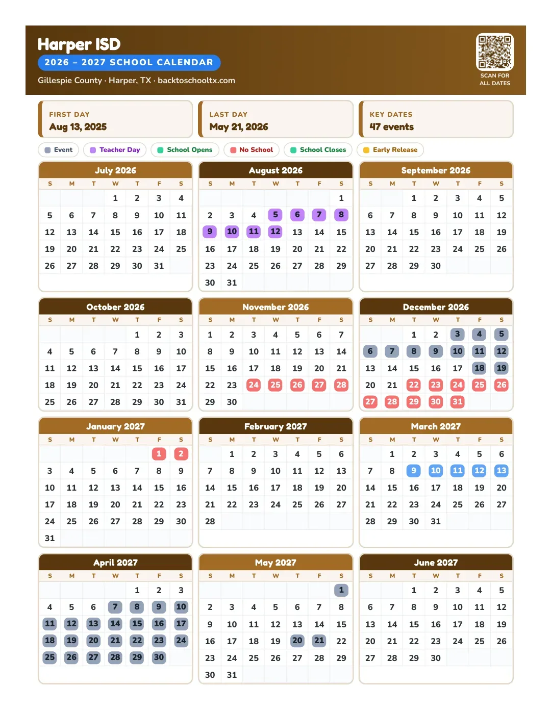 Harper ISD Calendar for the Year 26-27