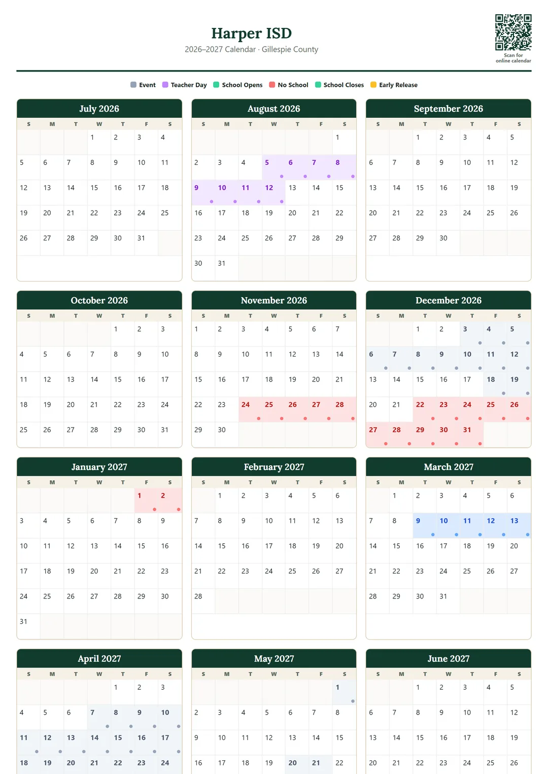 Harper ISD printable 2026–2027 calendar