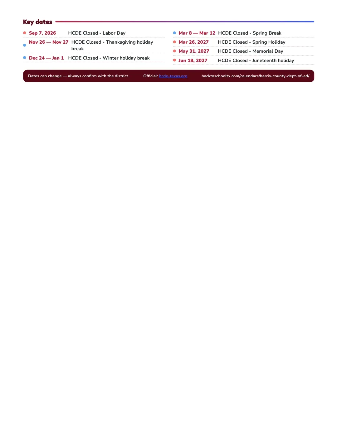 Harris County Dept Of Ed Calendar for the Year 26-27 — key dates