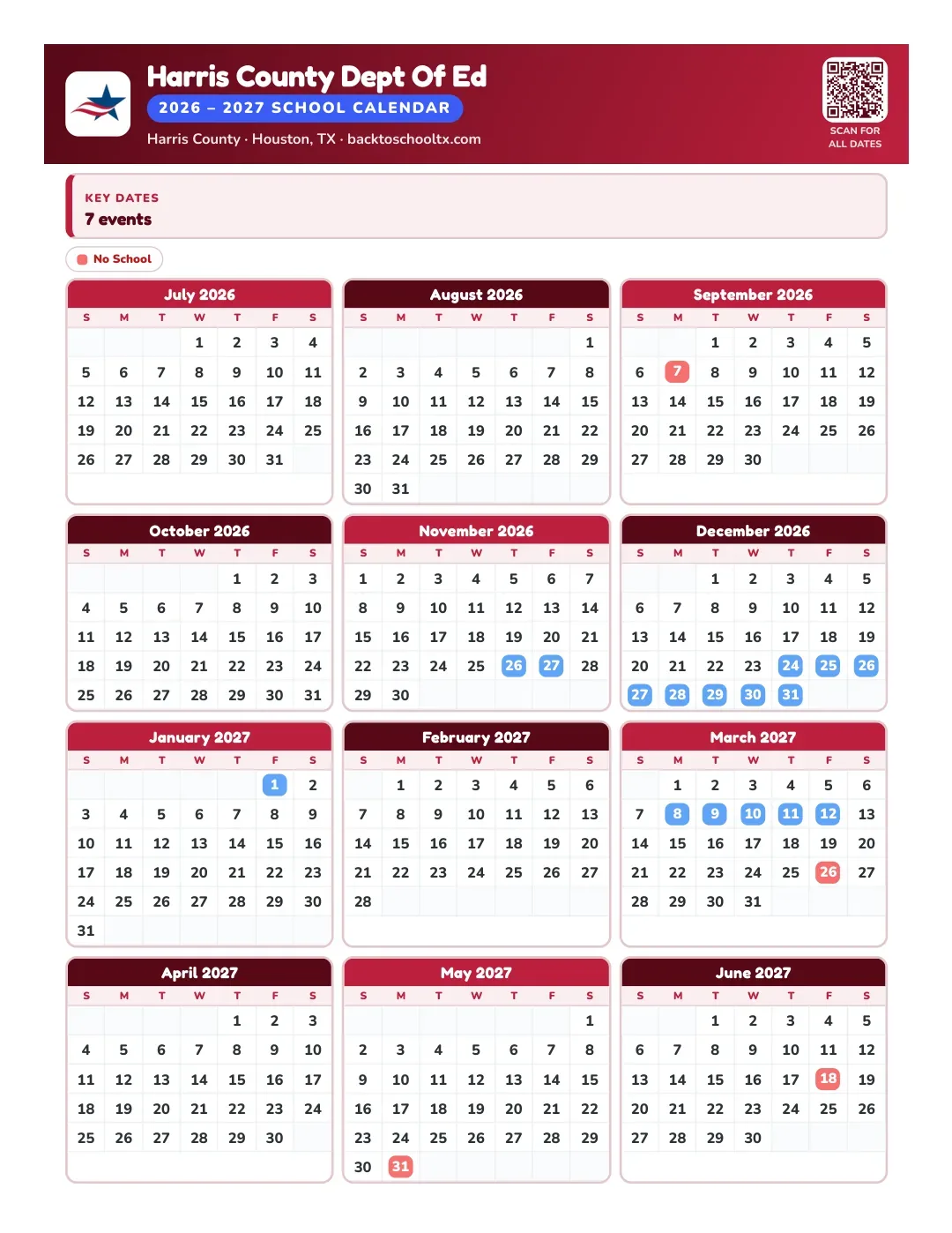 Harris County Dept Of Ed Calendar for the Year 26-27