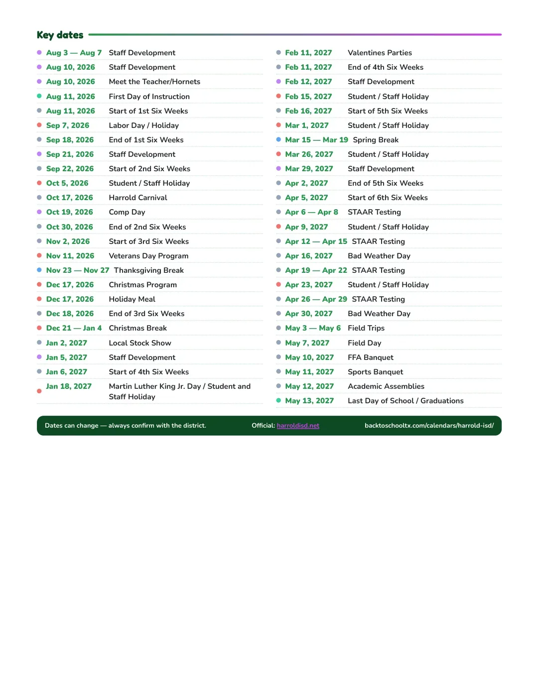 Harrold ISD Calendar for the Year 26-27 — key dates