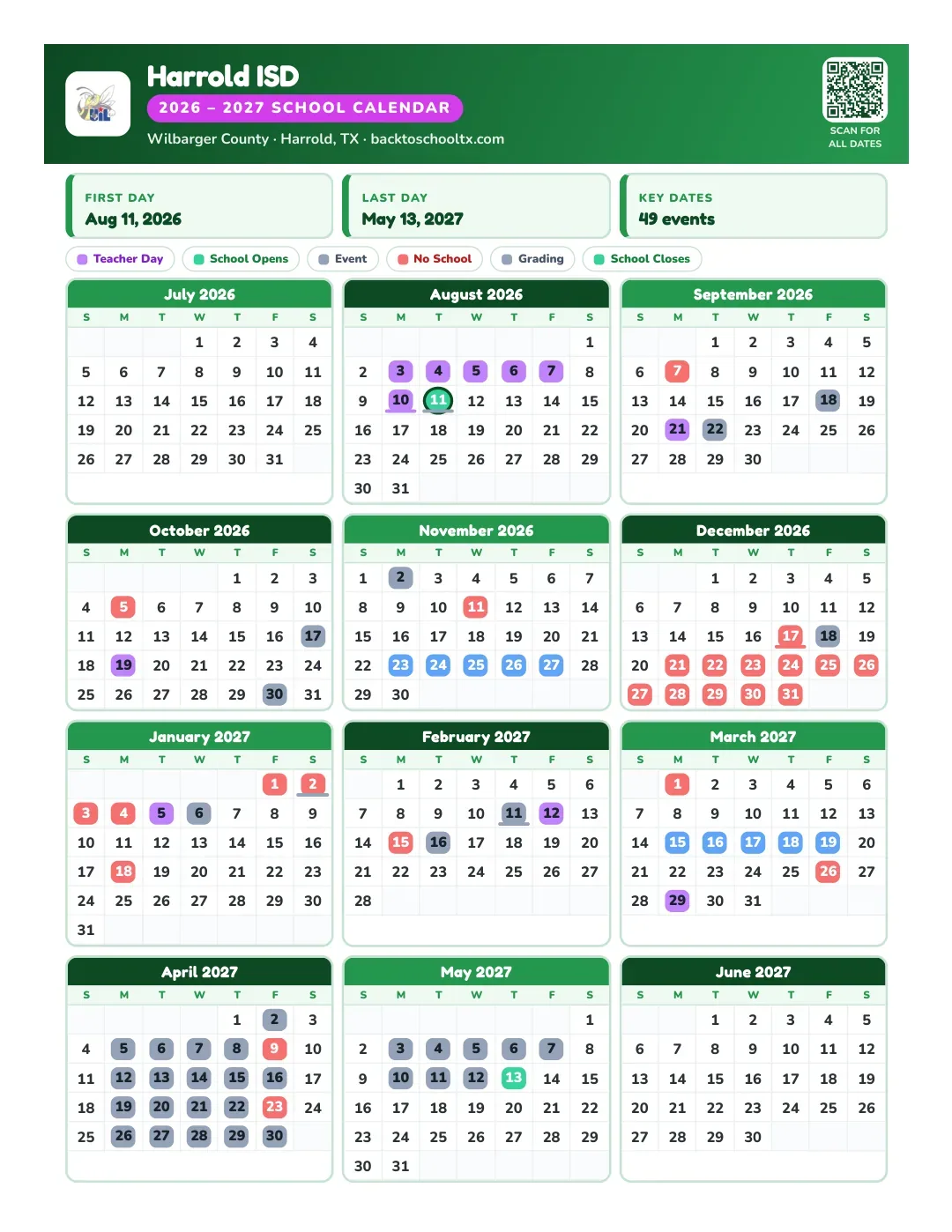 Harrold ISD Calendar for the Year 26-27