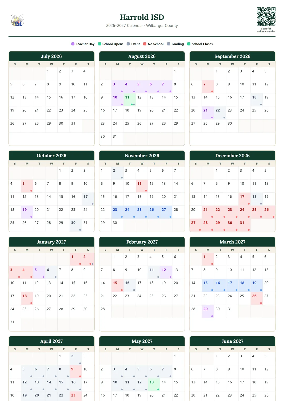Harrold ISD printable 2026–2027 calendar