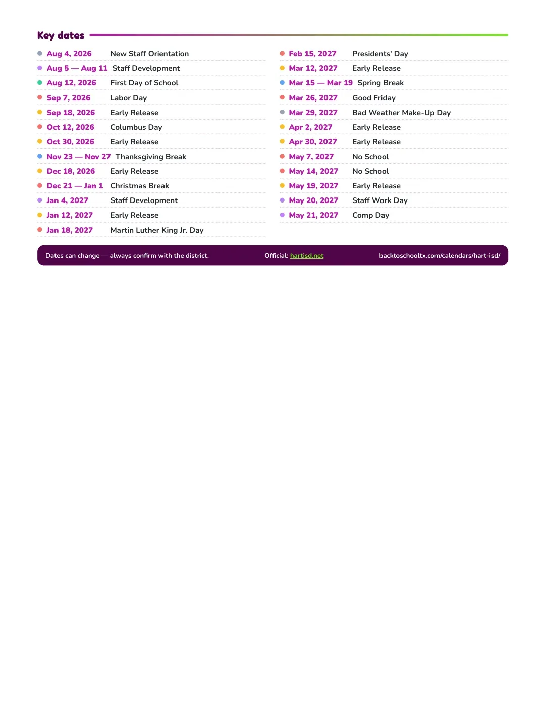 Hart ISD Calendar for the Year 26-27 — key dates