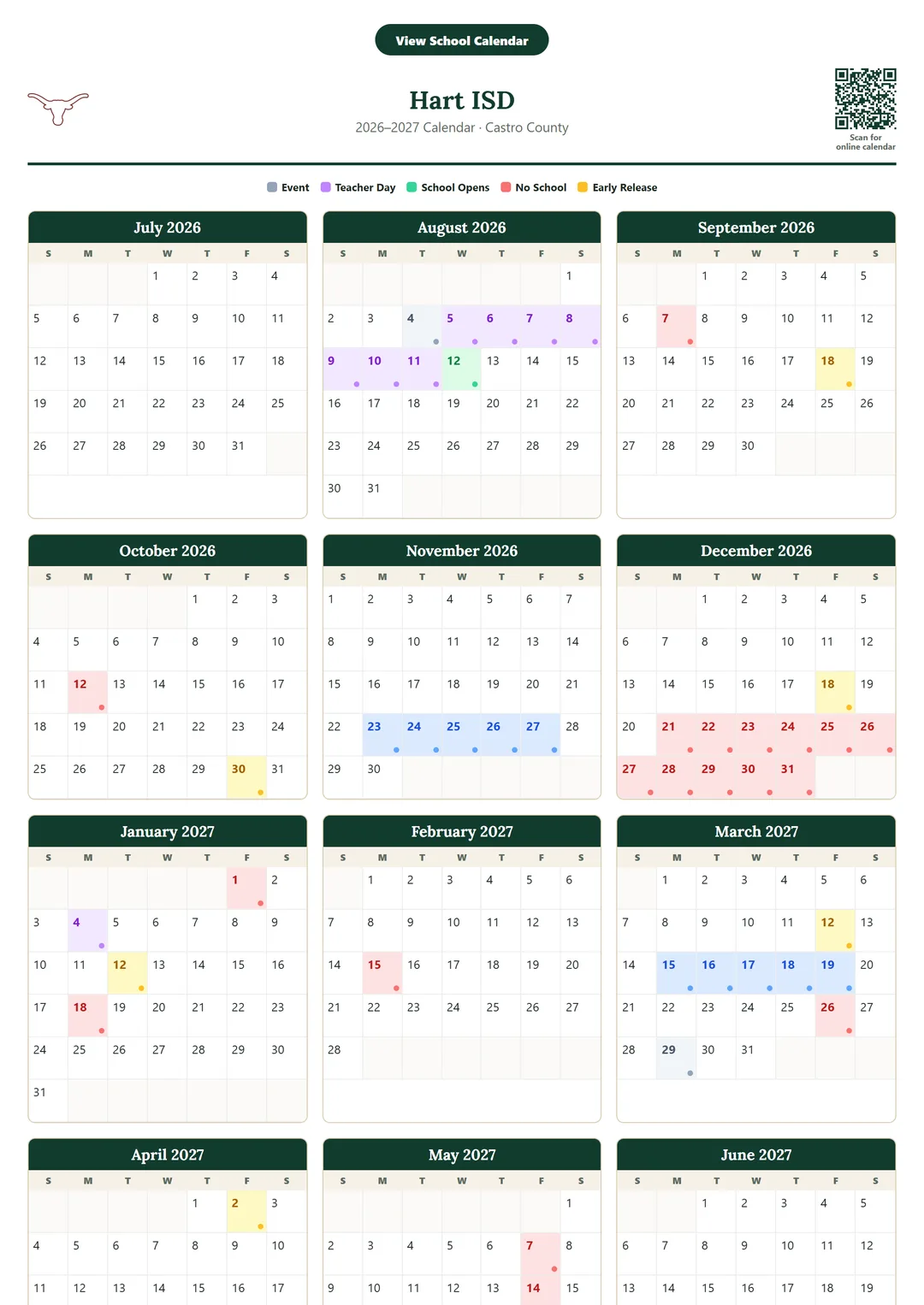 Hart ISD printable 2026–2027 calendar