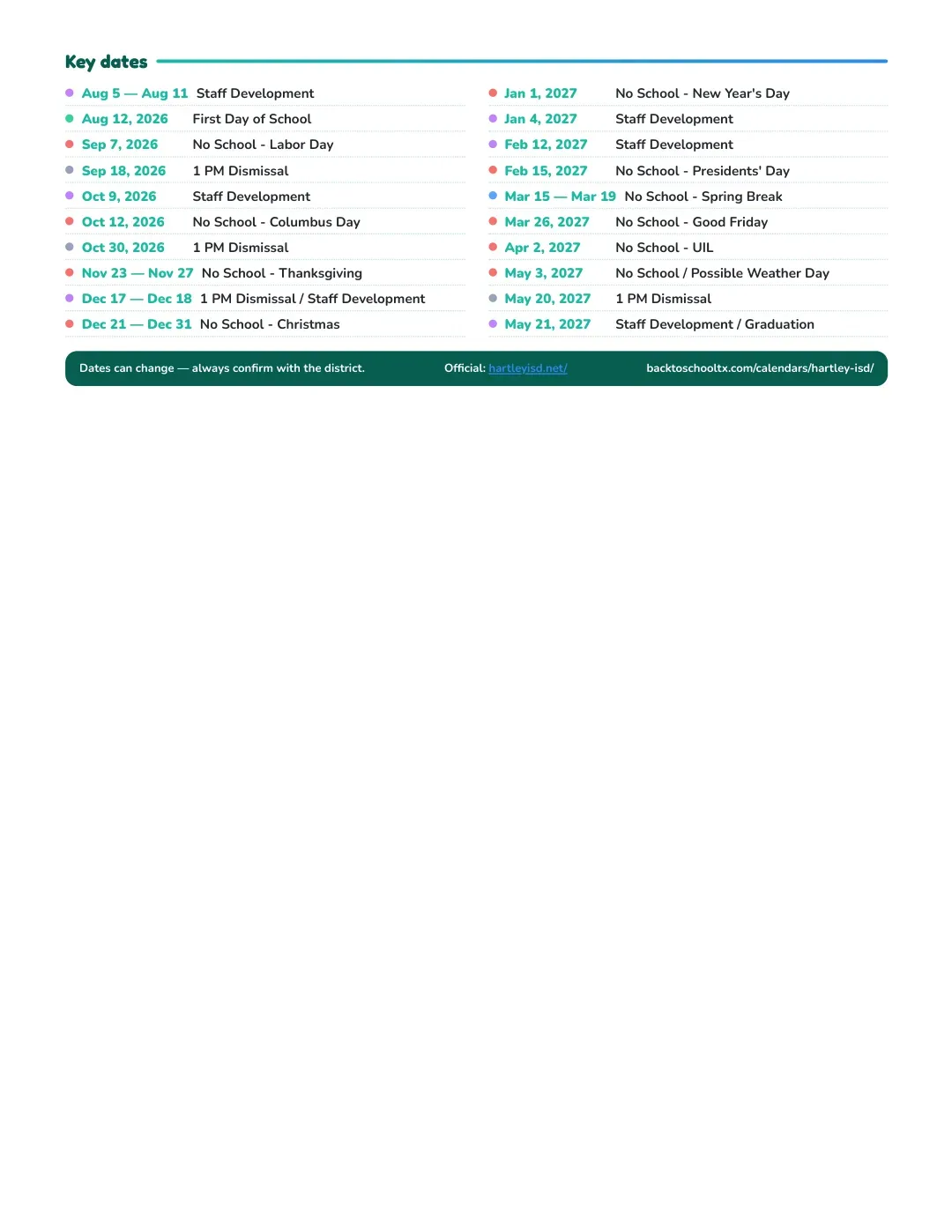 Hartley ISD Calendar for the Year 26-27 — key dates