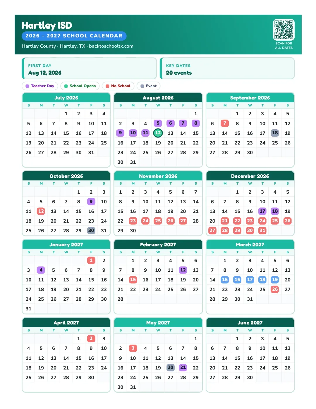 Hartley ISD Calendar for the Year 26-27