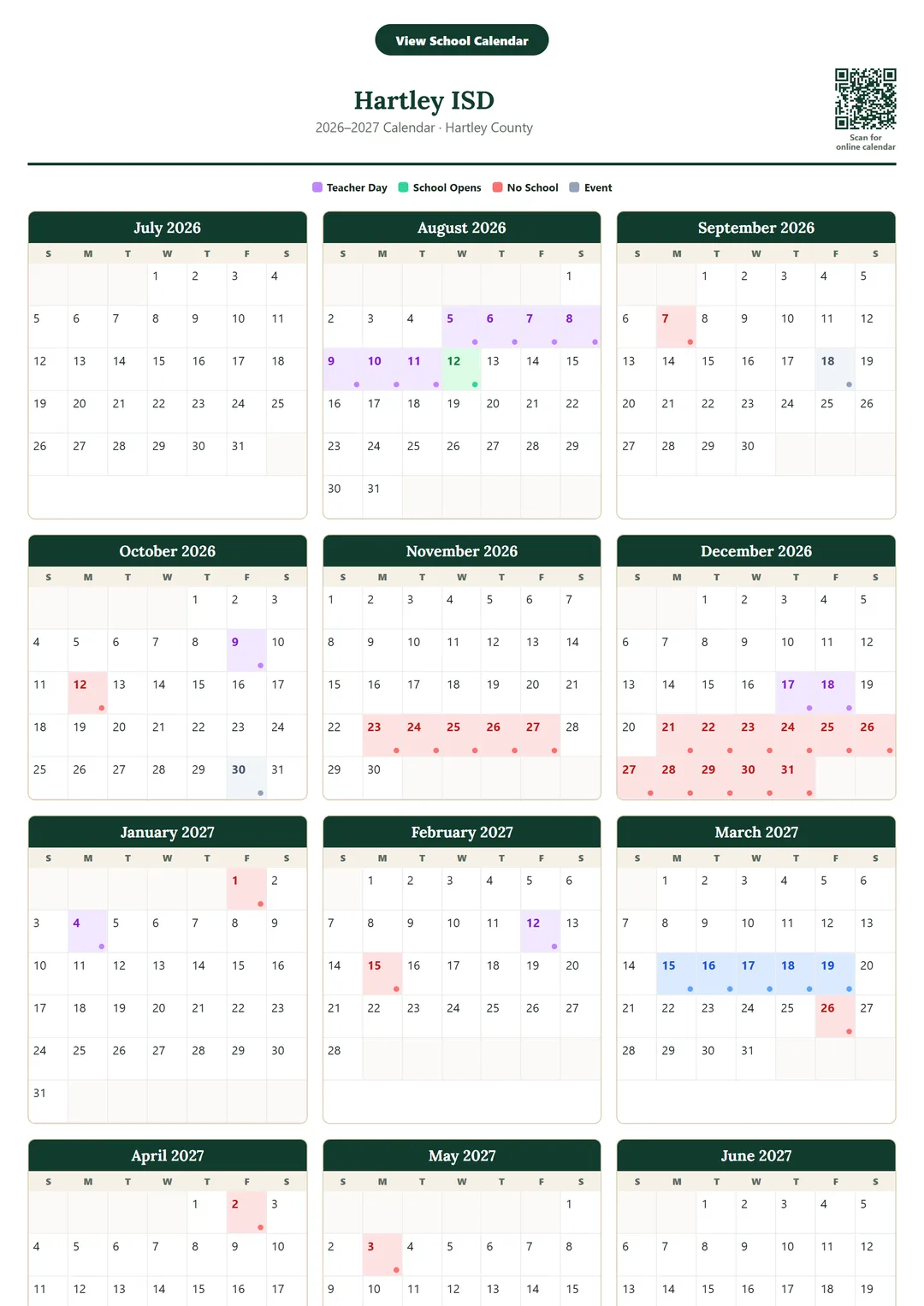 Hartley ISD printable 2026–2027 calendar