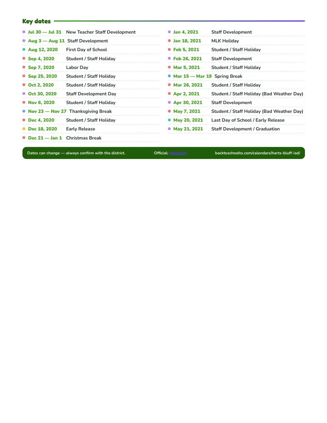Harts Bluff ISD Calendar for the Year 26-27 — key dates