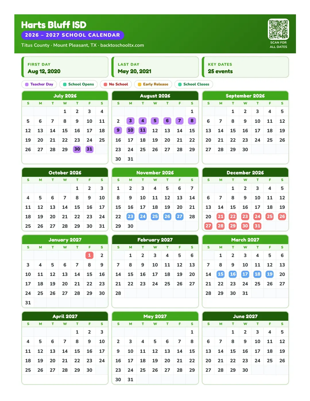 Harts Bluff ISD Calendar for the Year 26-27