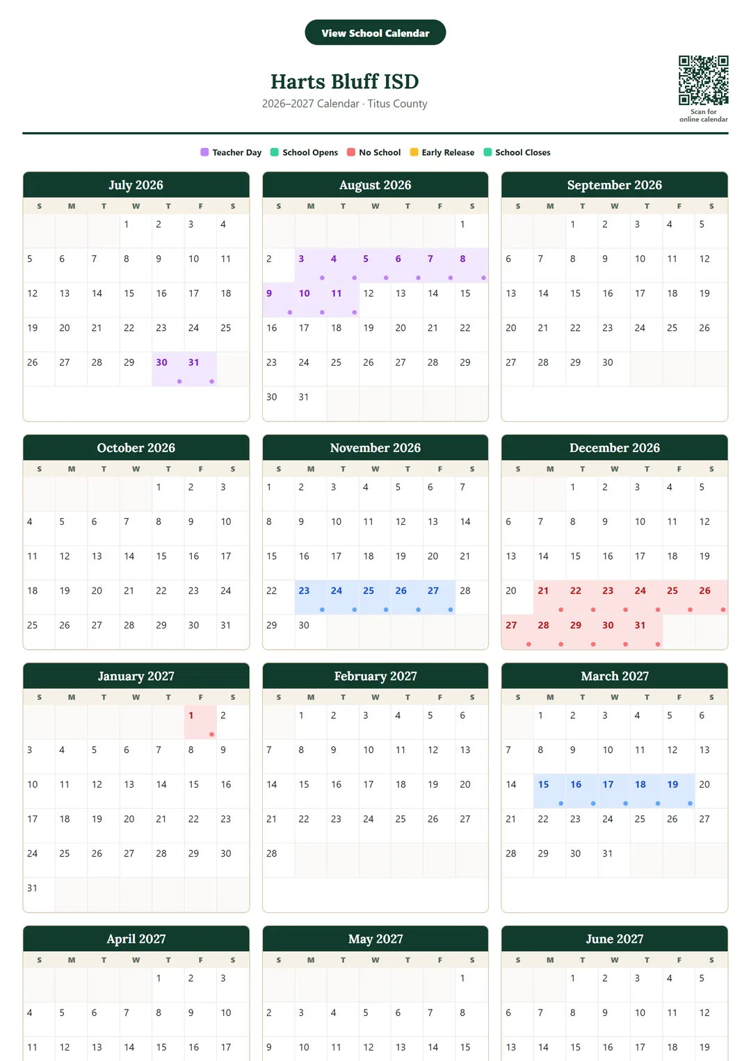 Harts Bluff ISD printable 2026–2027 calendar