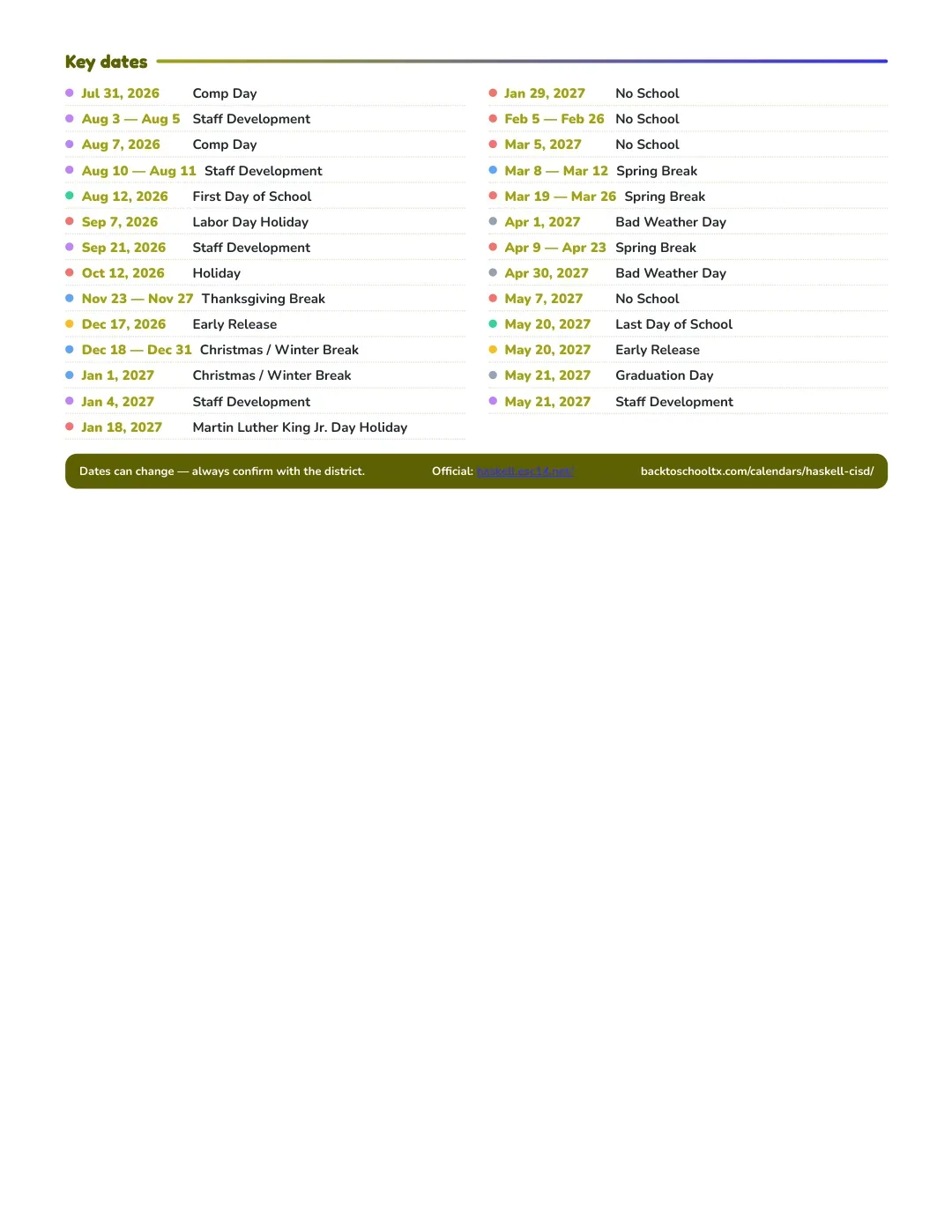 Haskell CISD Calendar for the Year 26-27 — key dates