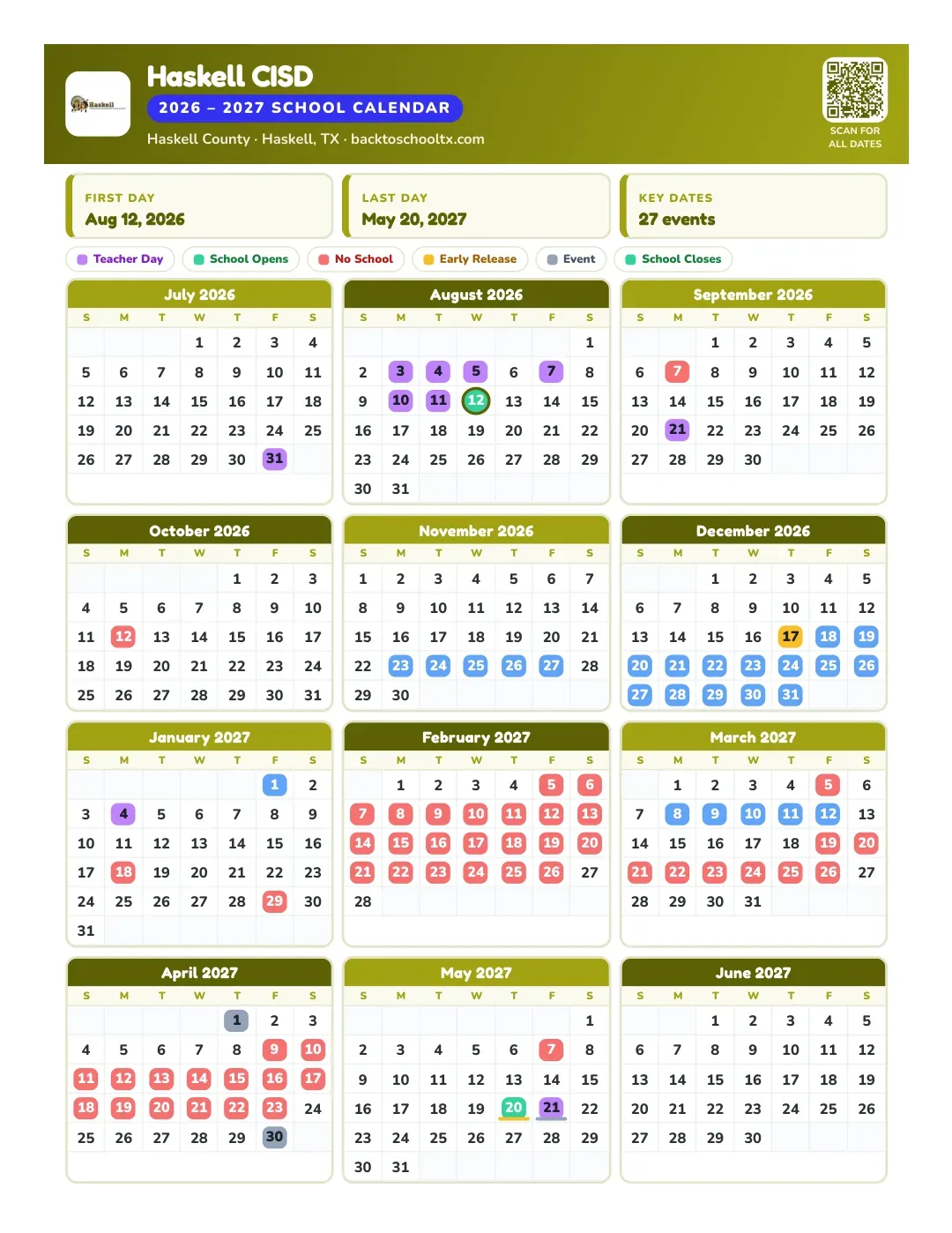 Haskell CISD Calendar for the Year 26-27