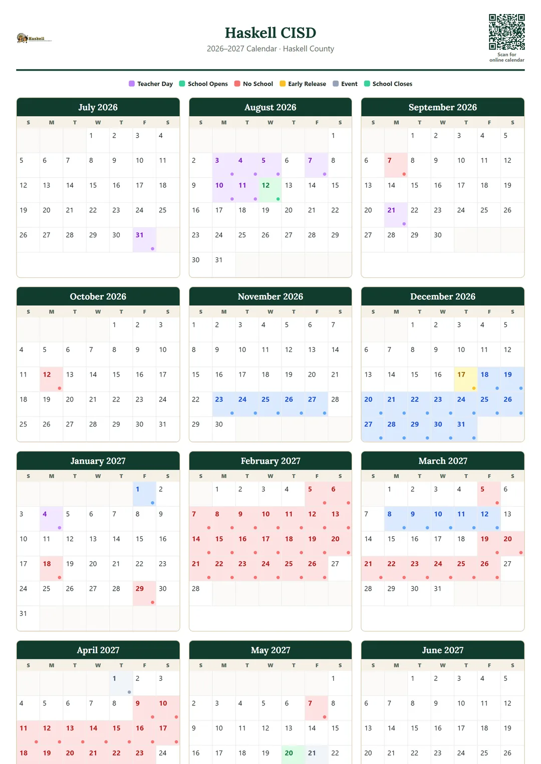 Haskell CISD printable 2026–2027 calendar
