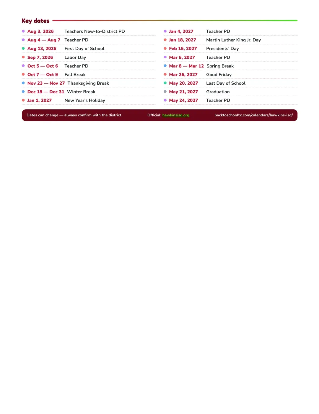 Hawkins ISD Calendar for the Year 26-27 — key dates