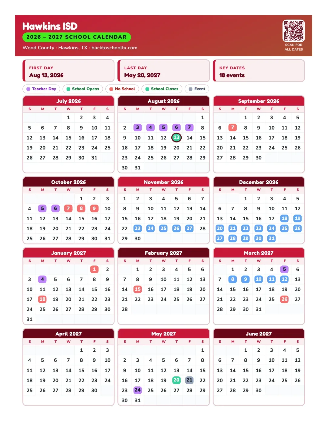 Hawkins ISD Calendar for the Year 26-27