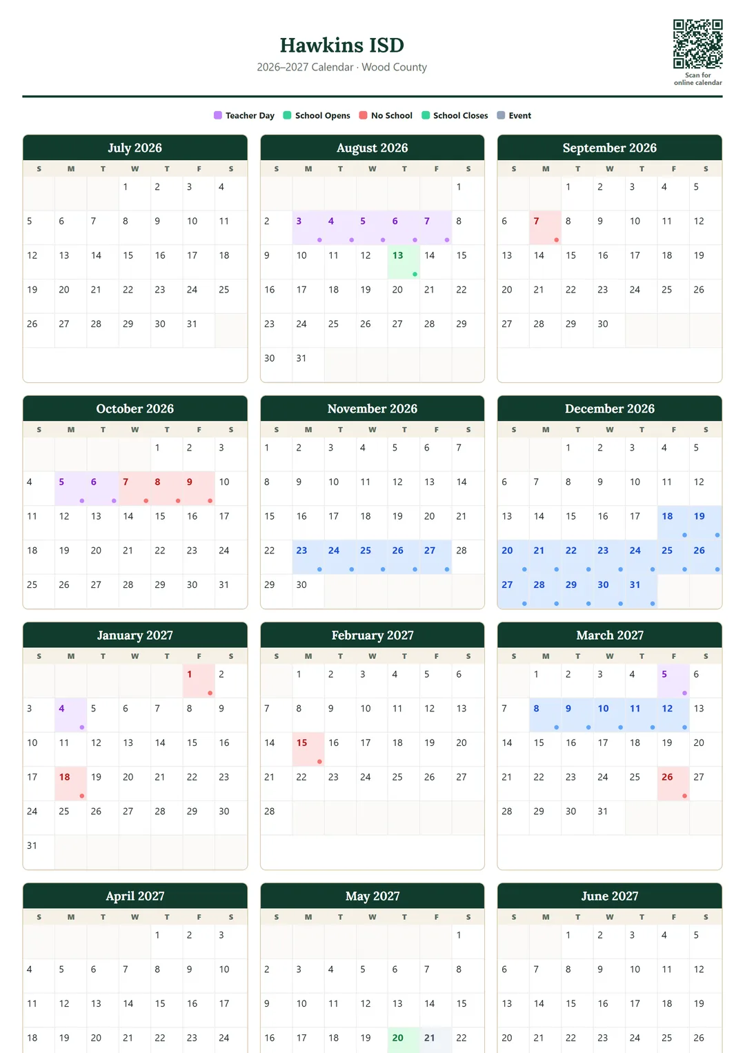 Hawkins ISD printable 2026–2027 calendar