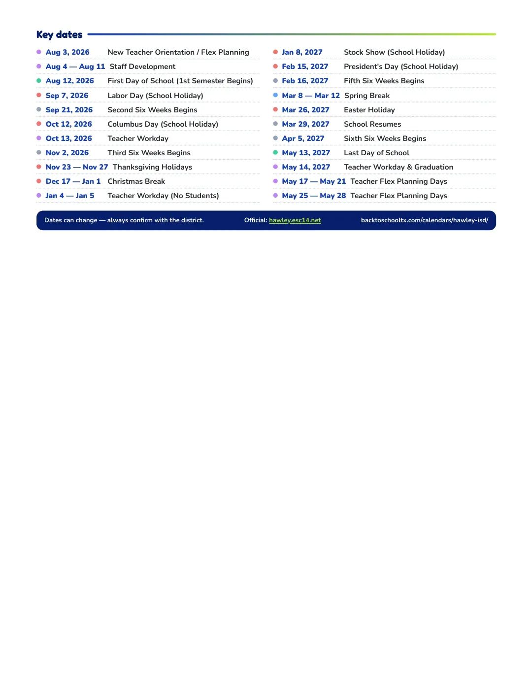 Hawley ISD Calendar for the Year 26-27 — key dates