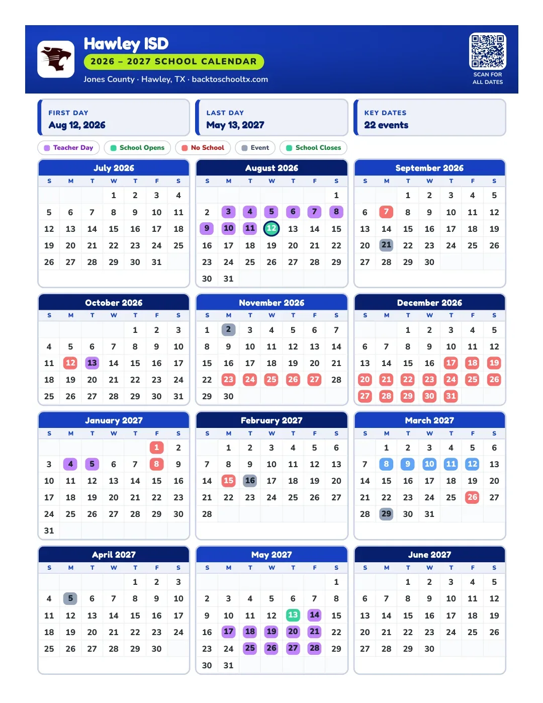 Hawley ISD Calendar for the Year 26-27