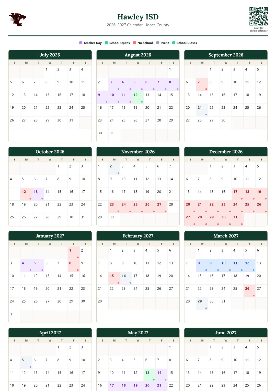 Hawley ISD printable 2026–2027 calendar
