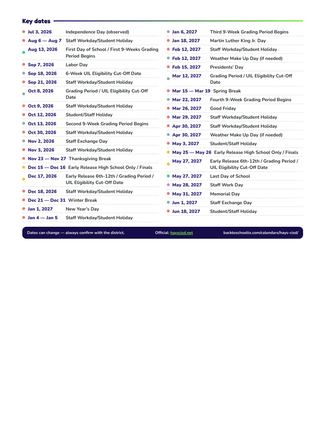 Hays CISD Calendar for the Year 26-27 — key dates