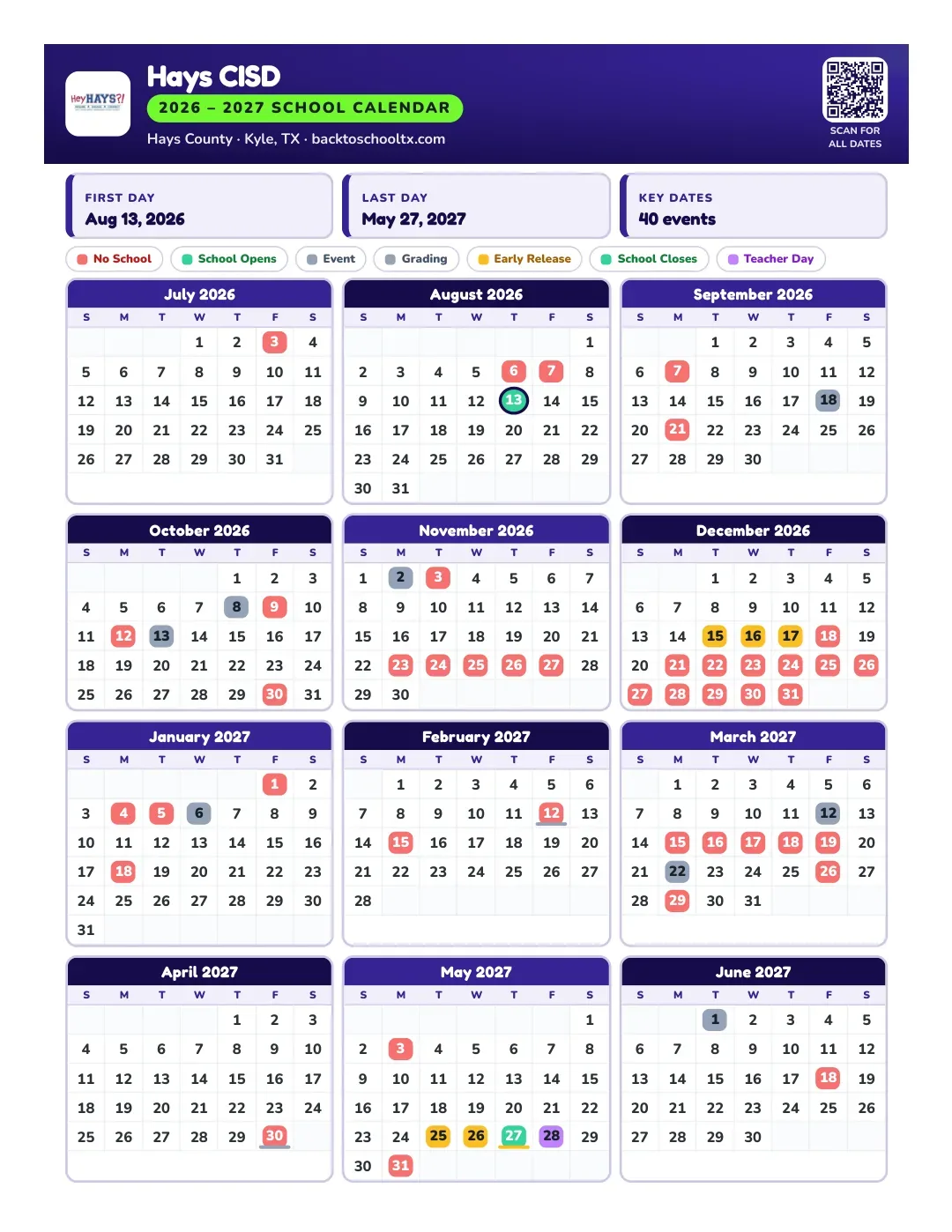 Hays CISD Calendar for the Year 26-27
