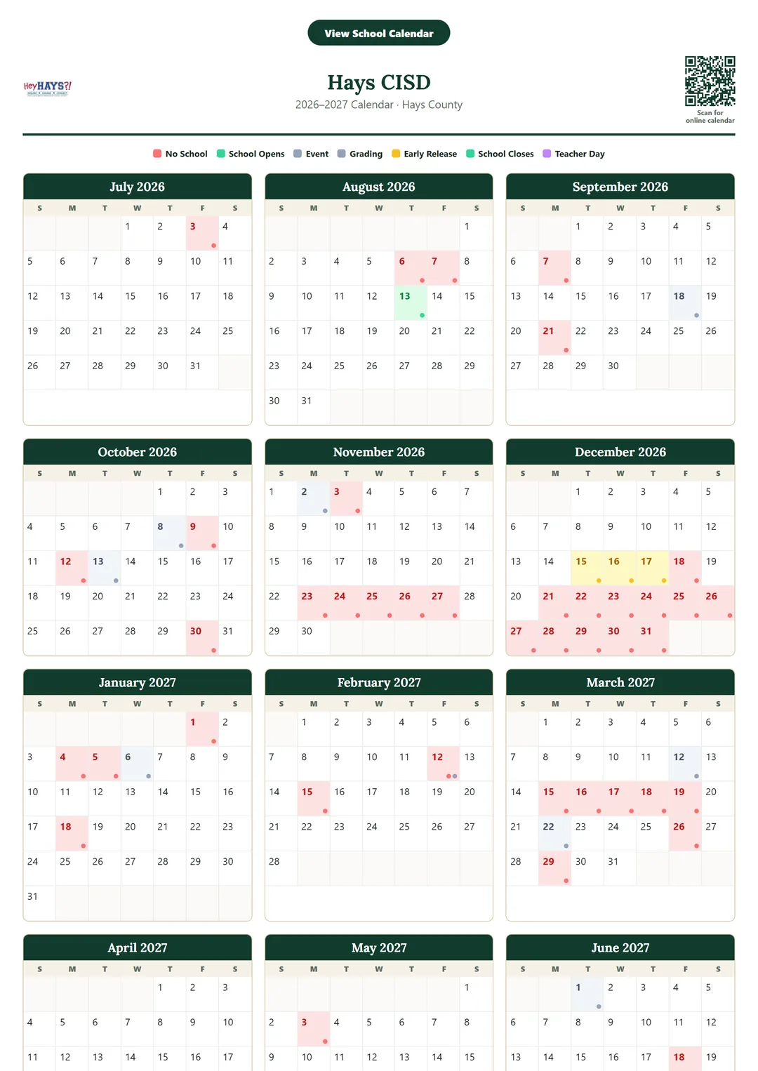 Hays CISD printable 2026–2027 calendar