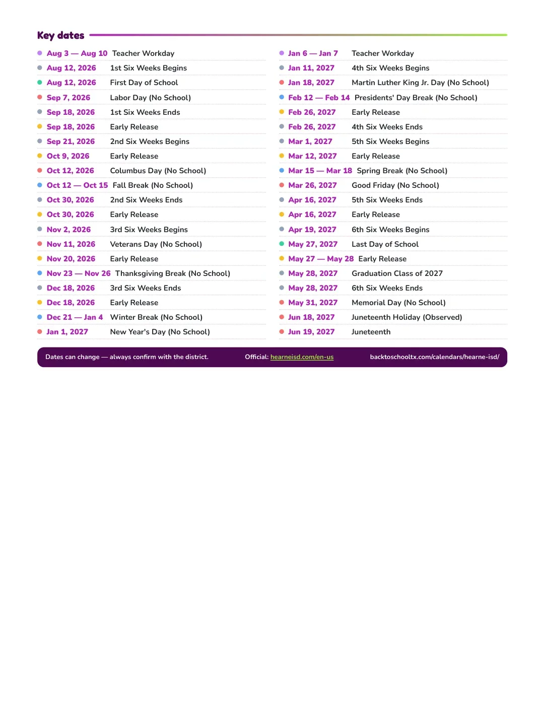 Hearne ISD Calendar for the Year 26-27 — key dates