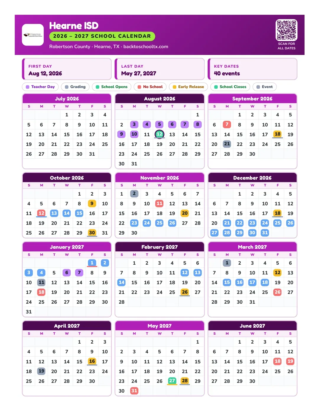 Hearne ISD Calendar for the Year 26-27