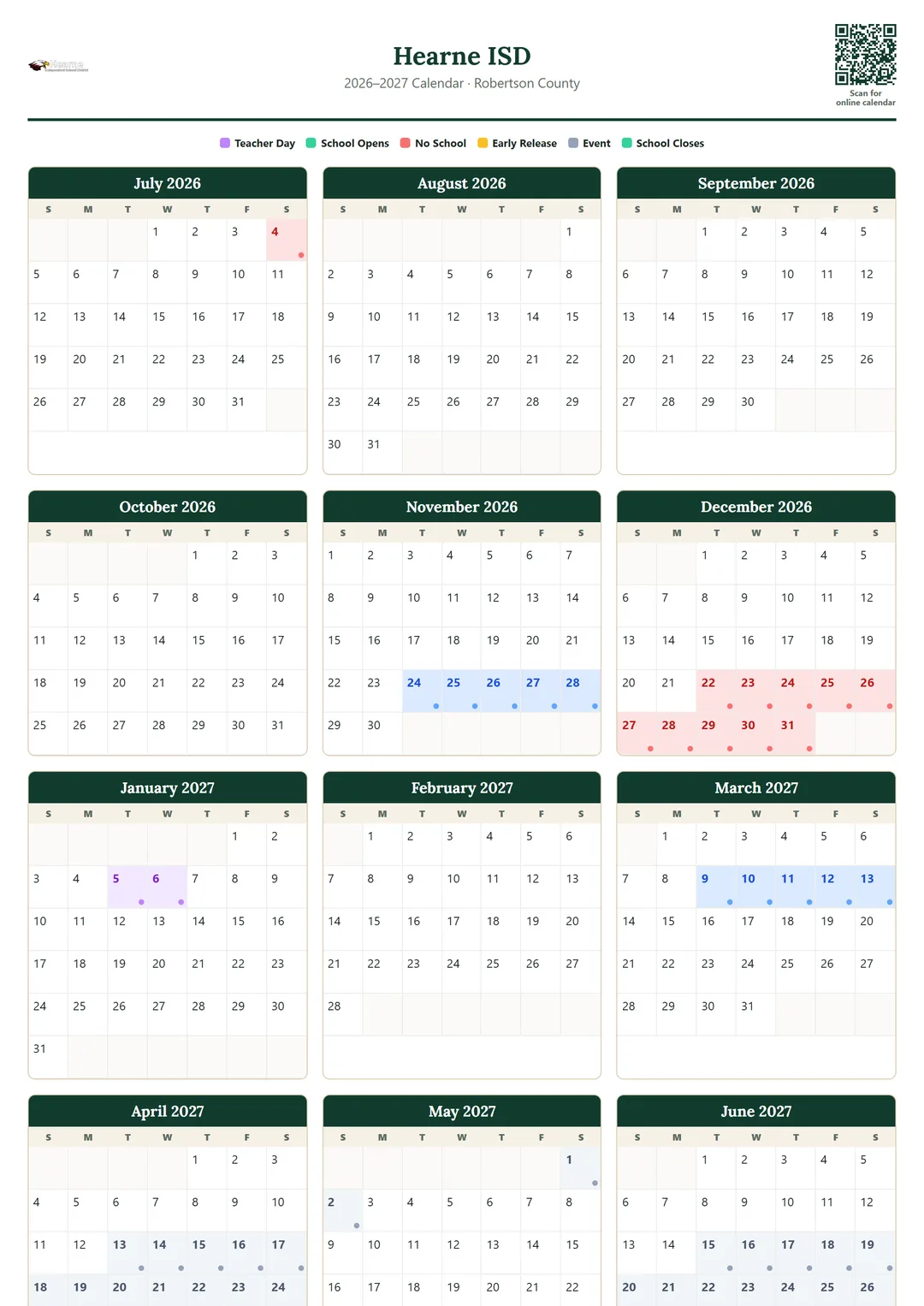 Hearne ISD printable 2026–2027 calendar