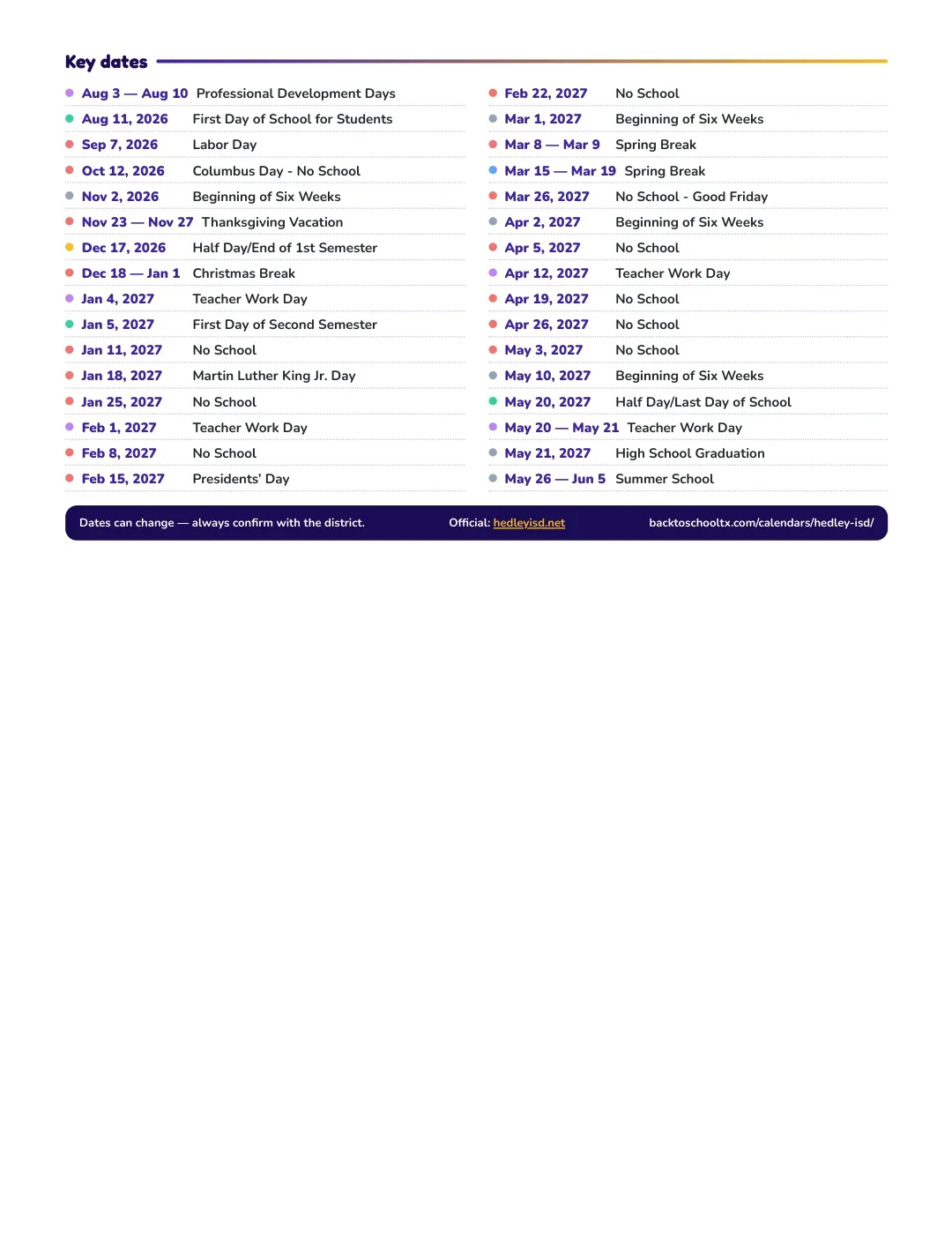 Hedley ISD Calendar for the Year 26-27 — key dates