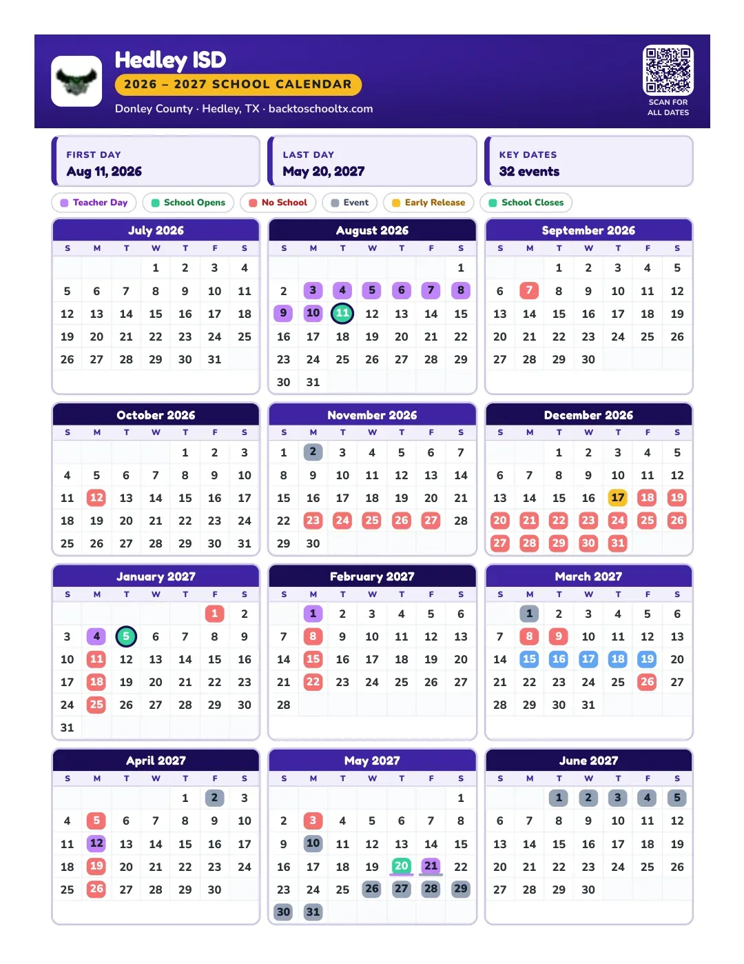 Hedley ISD Calendar for the Year 26-27
