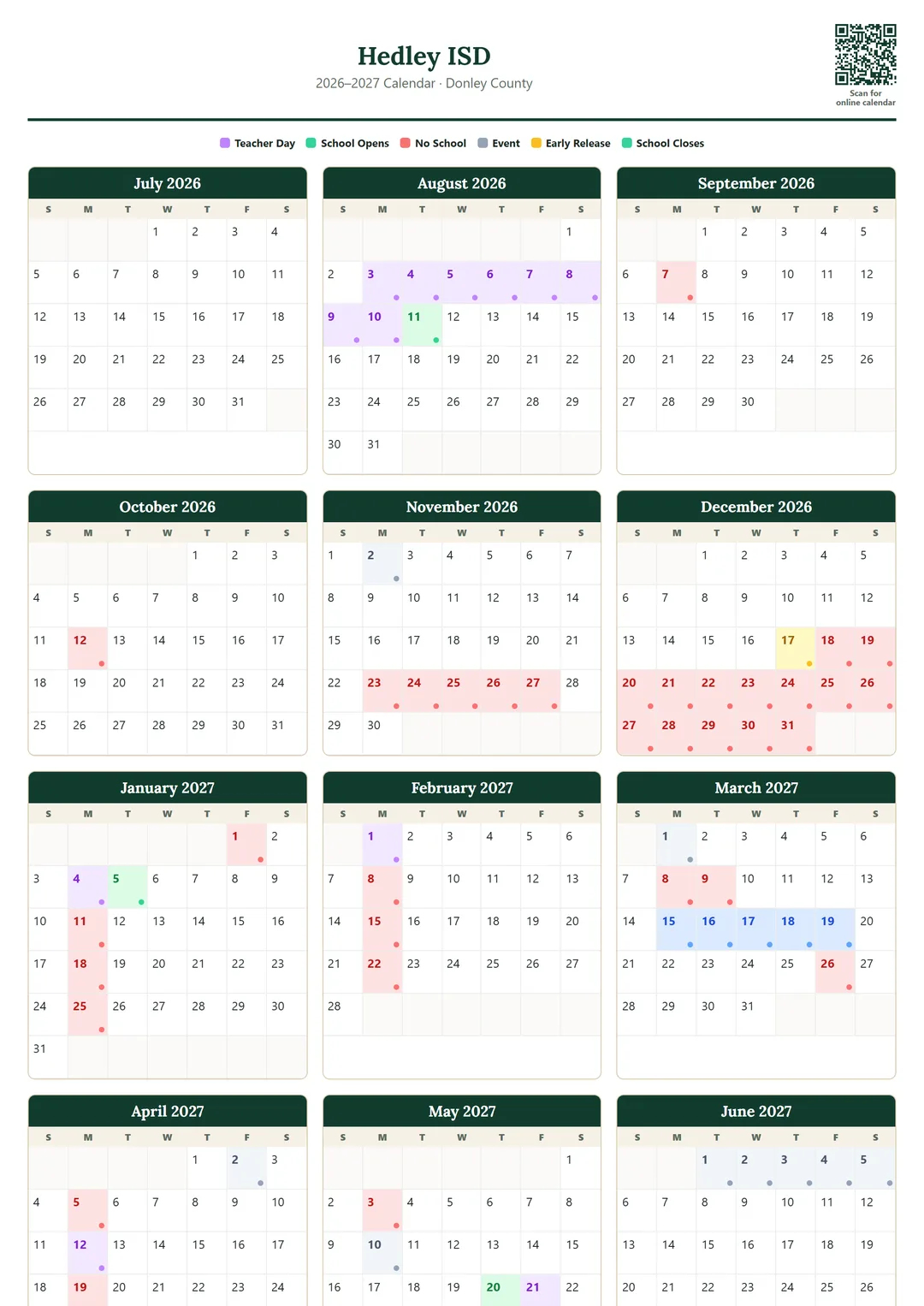 Hedley ISD printable 2026–2027 calendar