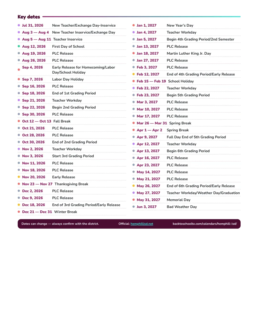Hemphill ISD Calendar for the Year 26-27 — key dates