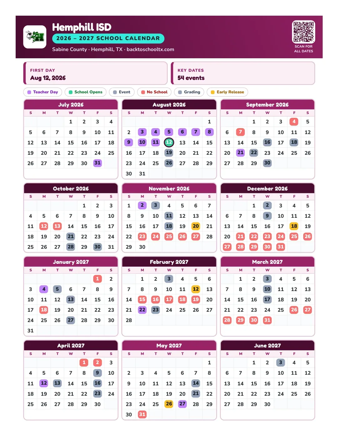 Hemphill ISD Calendar for the Year 26-27