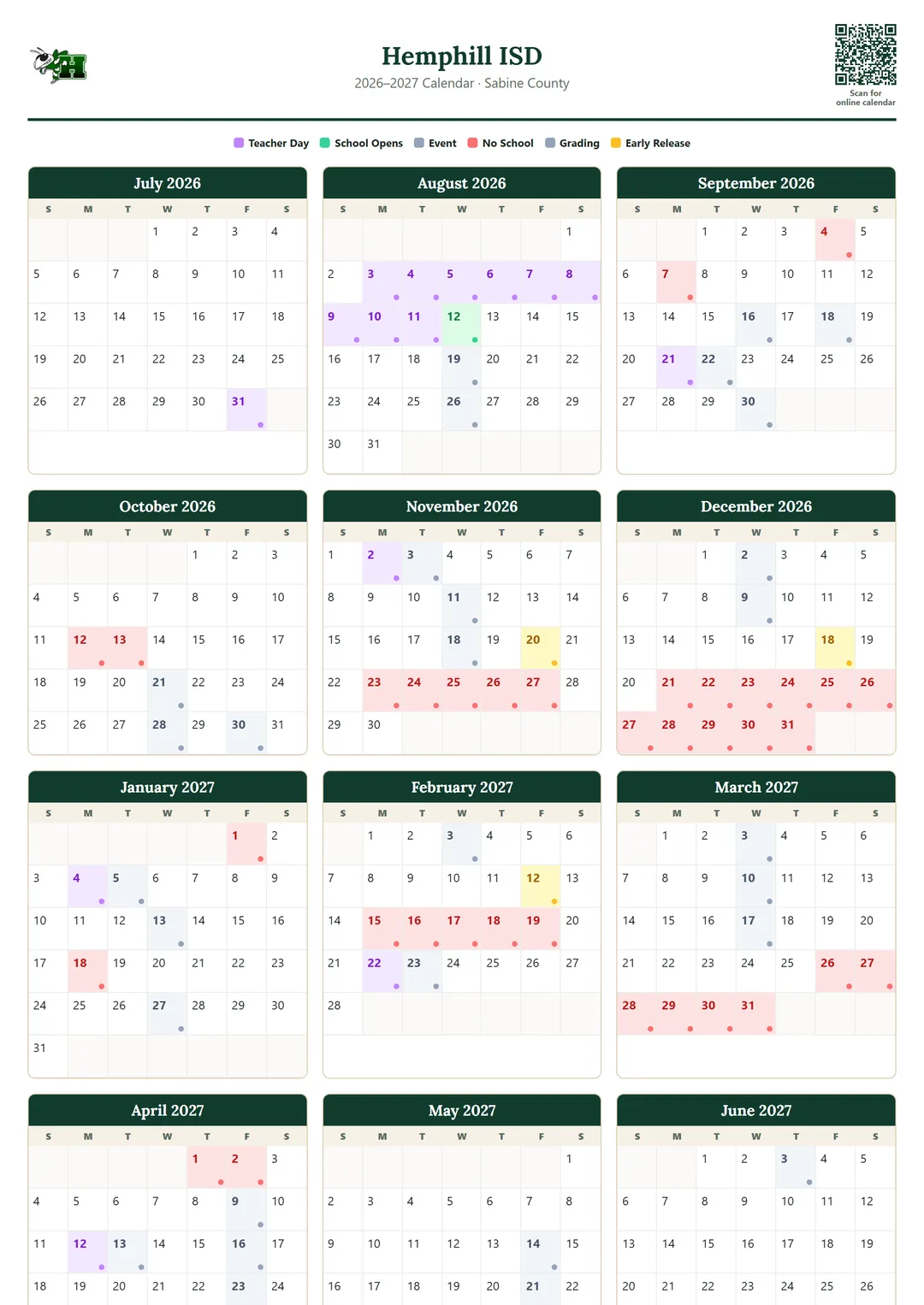 Hemphill ISD printable 2026–2027 calendar
