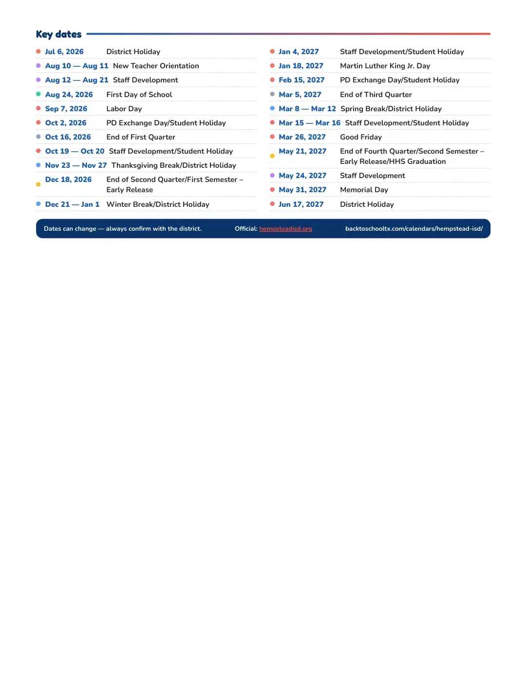 Hempstead ISD Calendar for the Year 26-27 — key dates