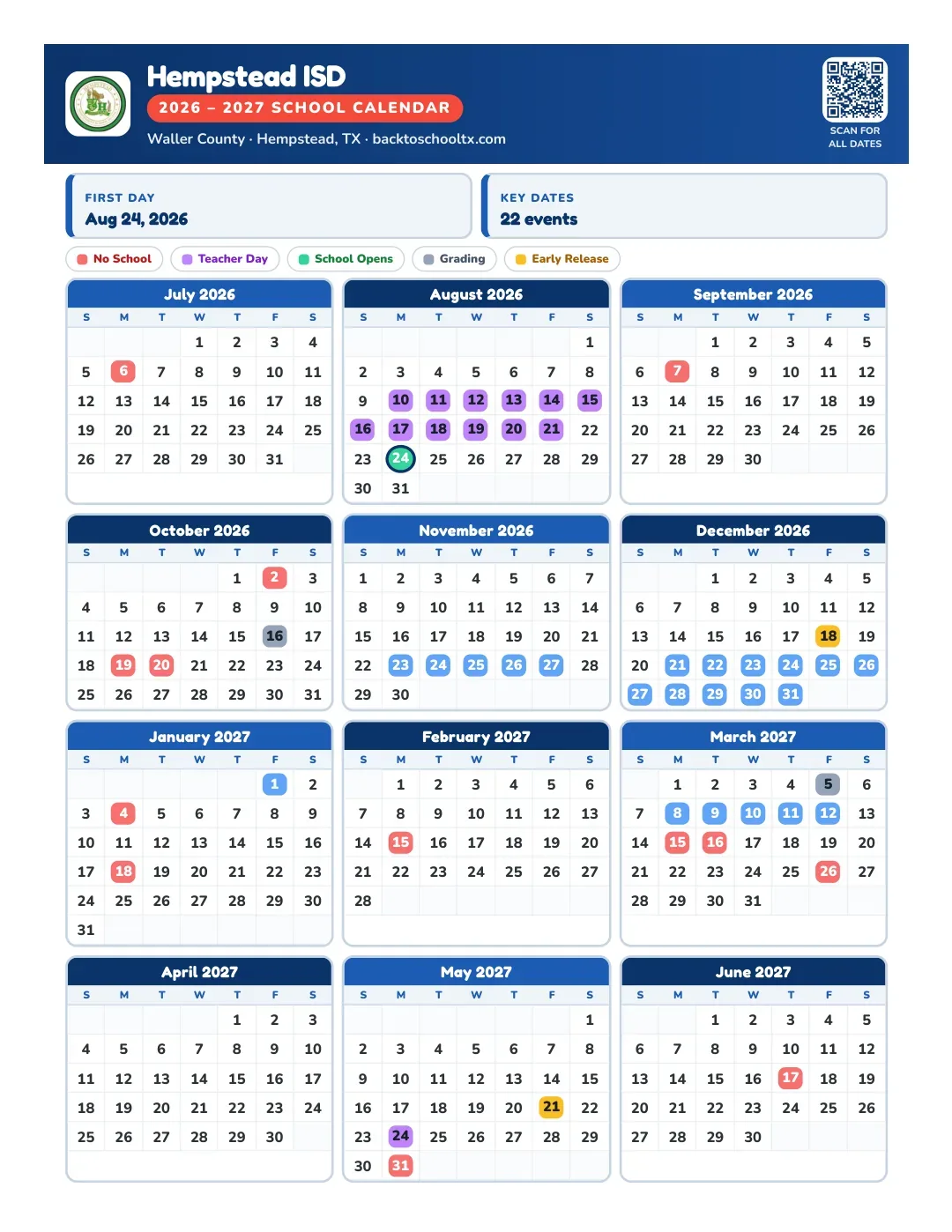 Hempstead ISD Calendar for the Year 26-27