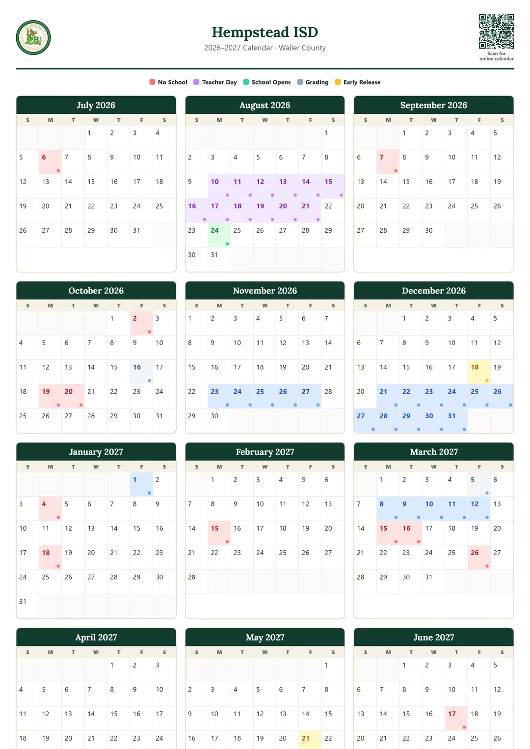 Hempstead ISD printable 2026–2027 calendar