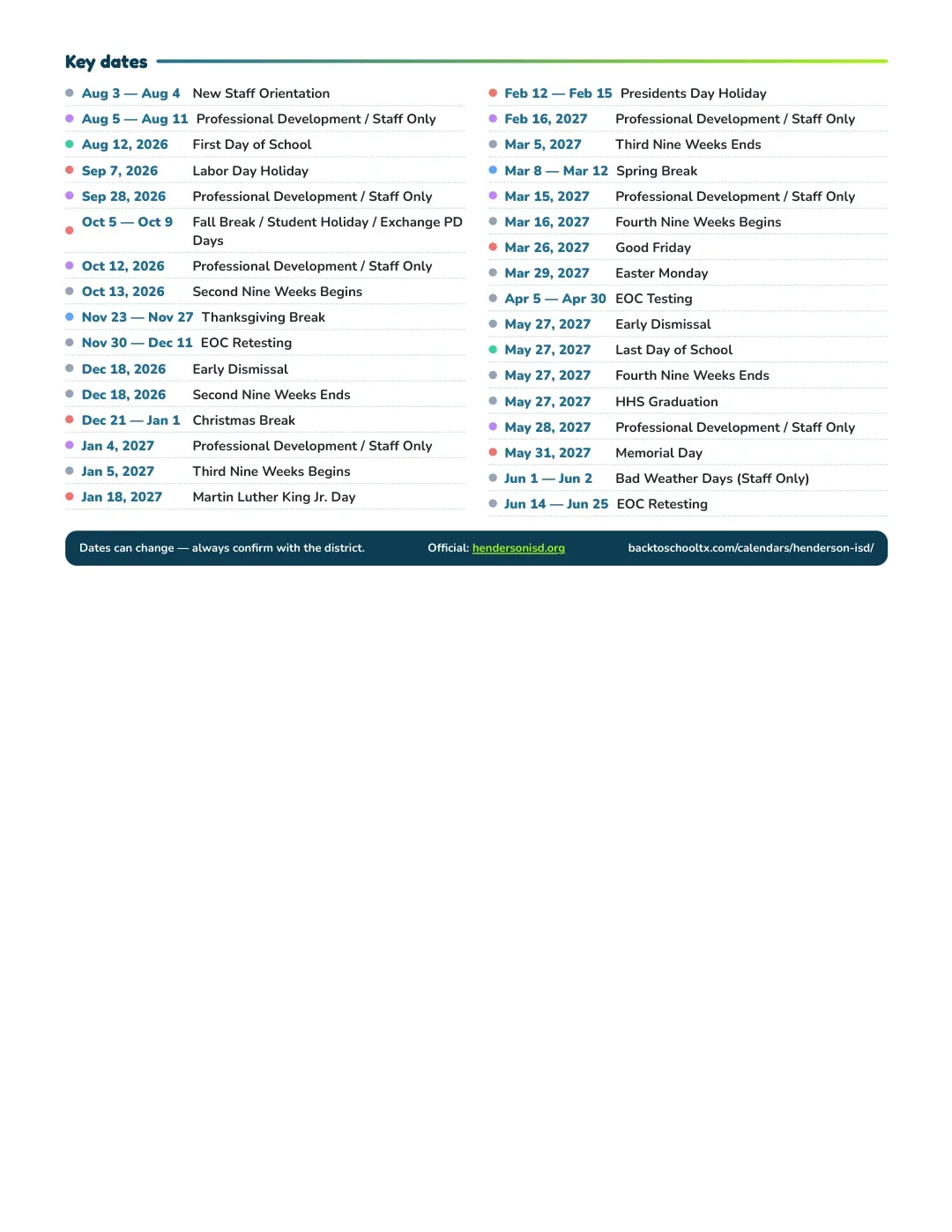 Henderson ISD Calendar for the Year 26-27 — key dates