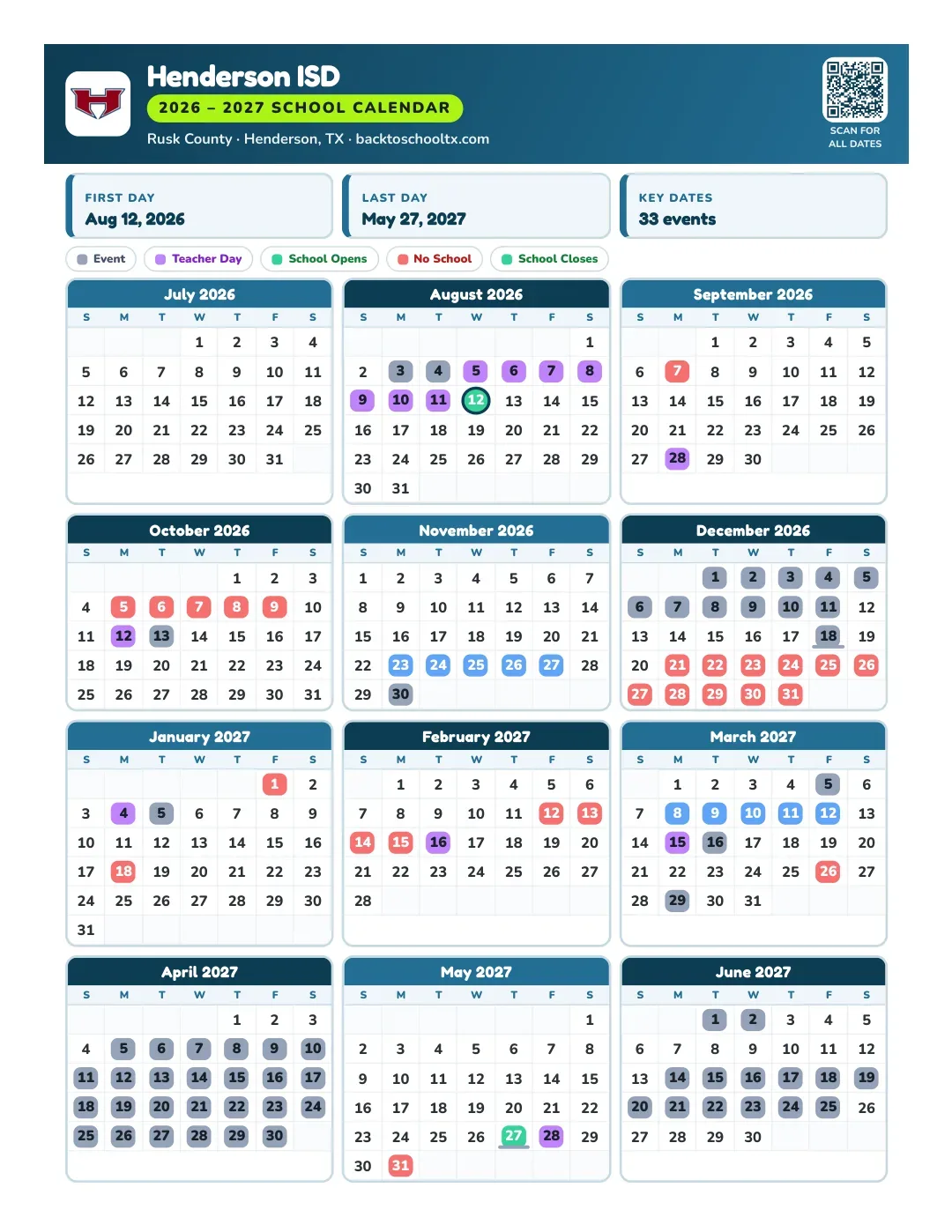 Henderson ISD Calendar for the Year 26-27