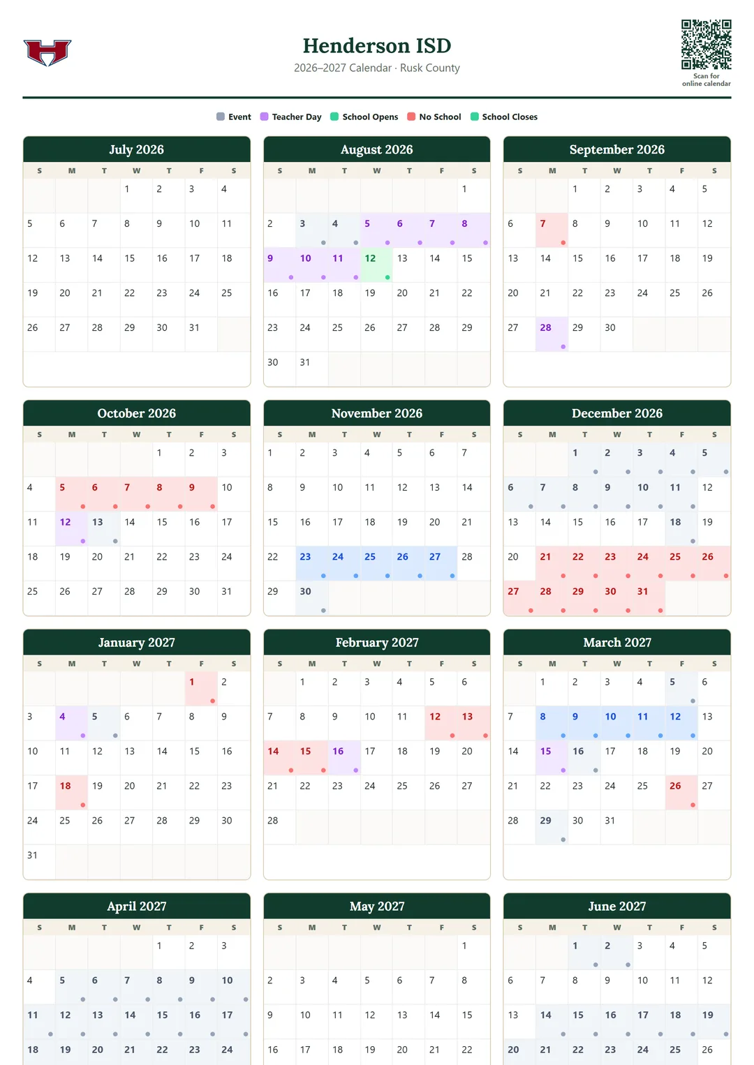 Henderson ISD printable 2026–2027 calendar