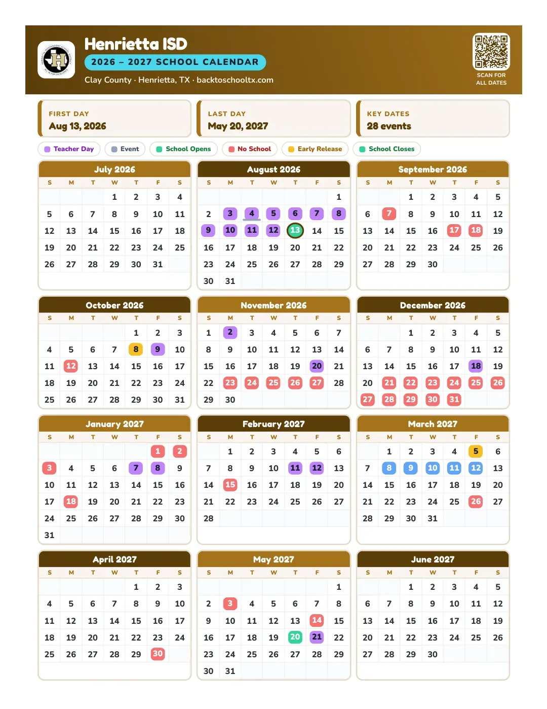 Henrietta ISD Calendar for the Year 26-27