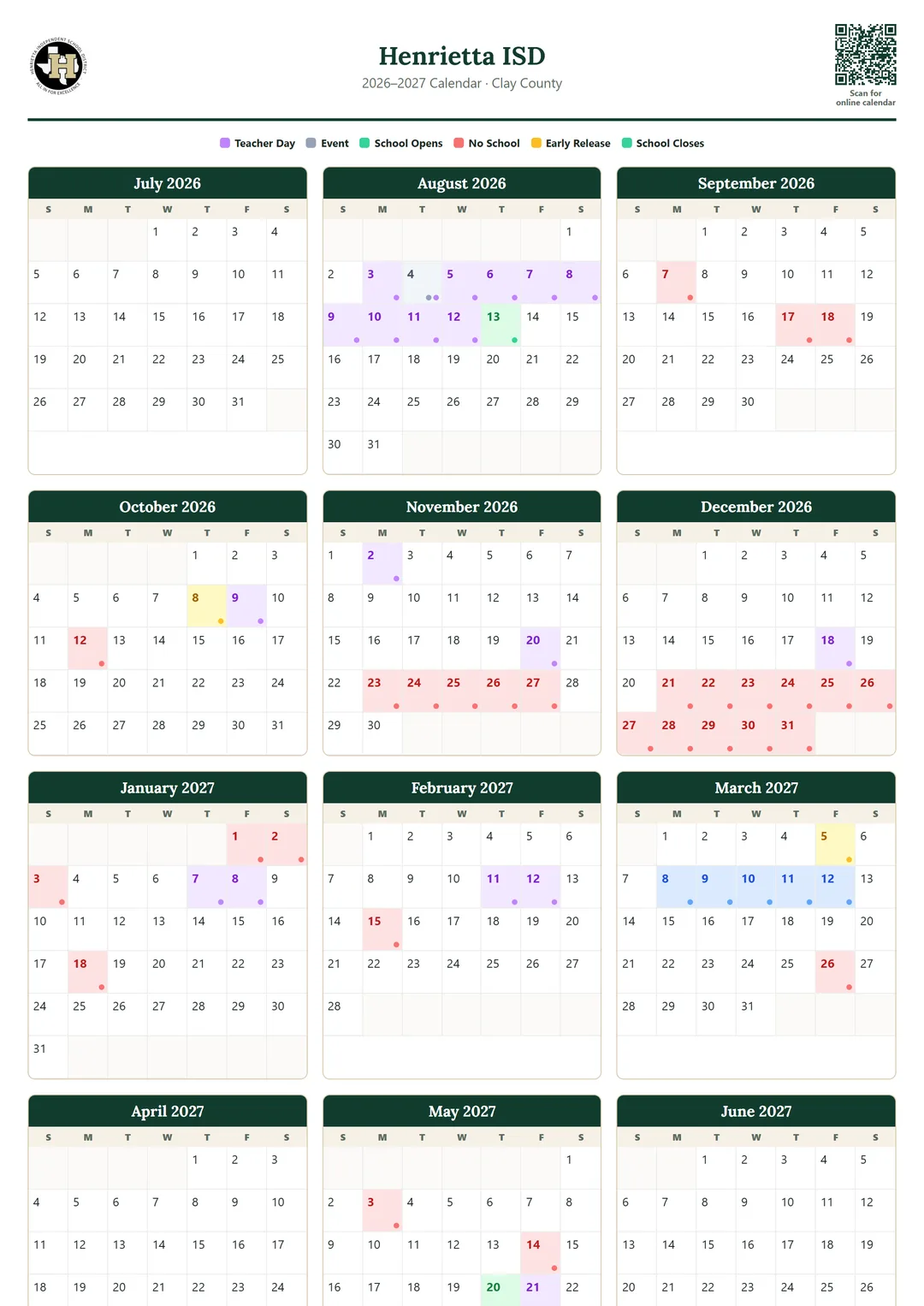 Henrietta ISD printable 2026–2027 calendar