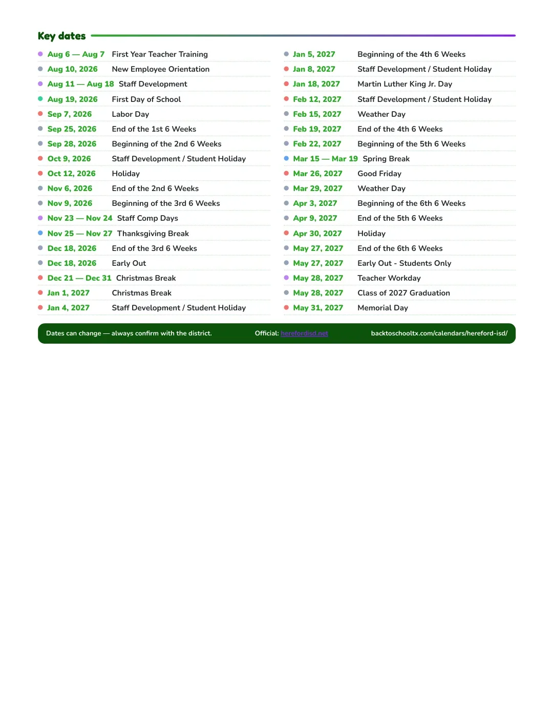Hereford ISD Calendar for the Year 26-27 — key dates