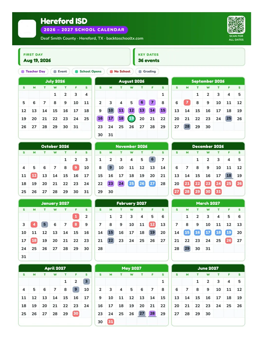 Hereford ISD Calendar for the Year 26-27