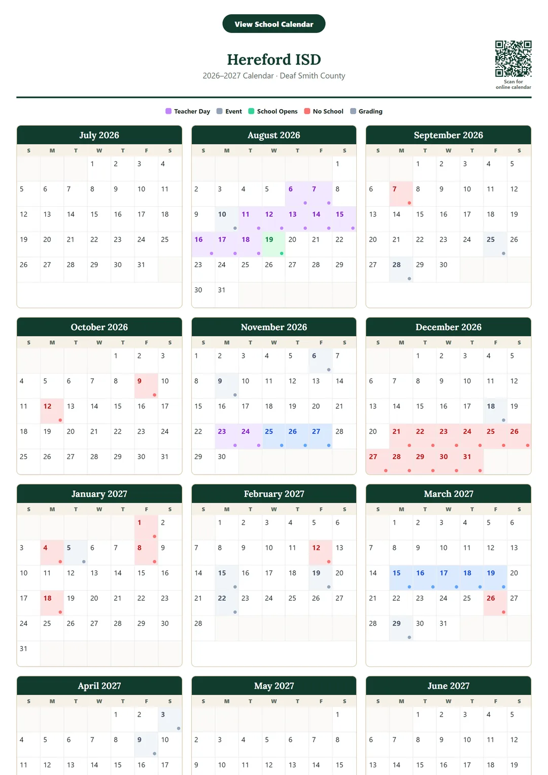 Hereford ISD printable 2026–2027 calendar