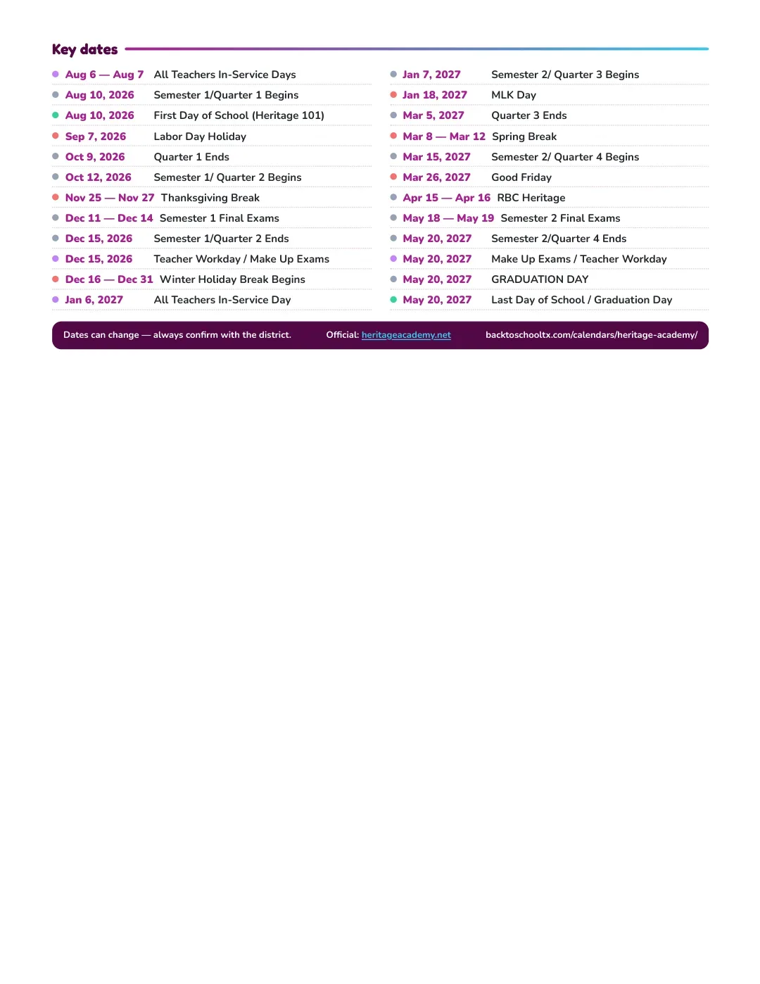 Heritage Academy Calendar for the Year 26-27 — key dates
