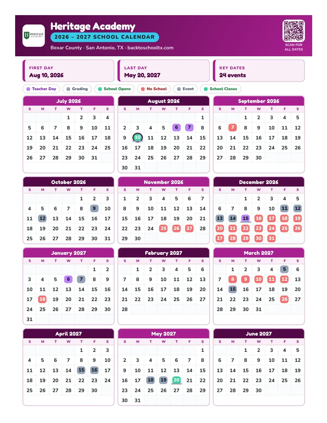 Heritage Academy Calendar for the Year 26-27