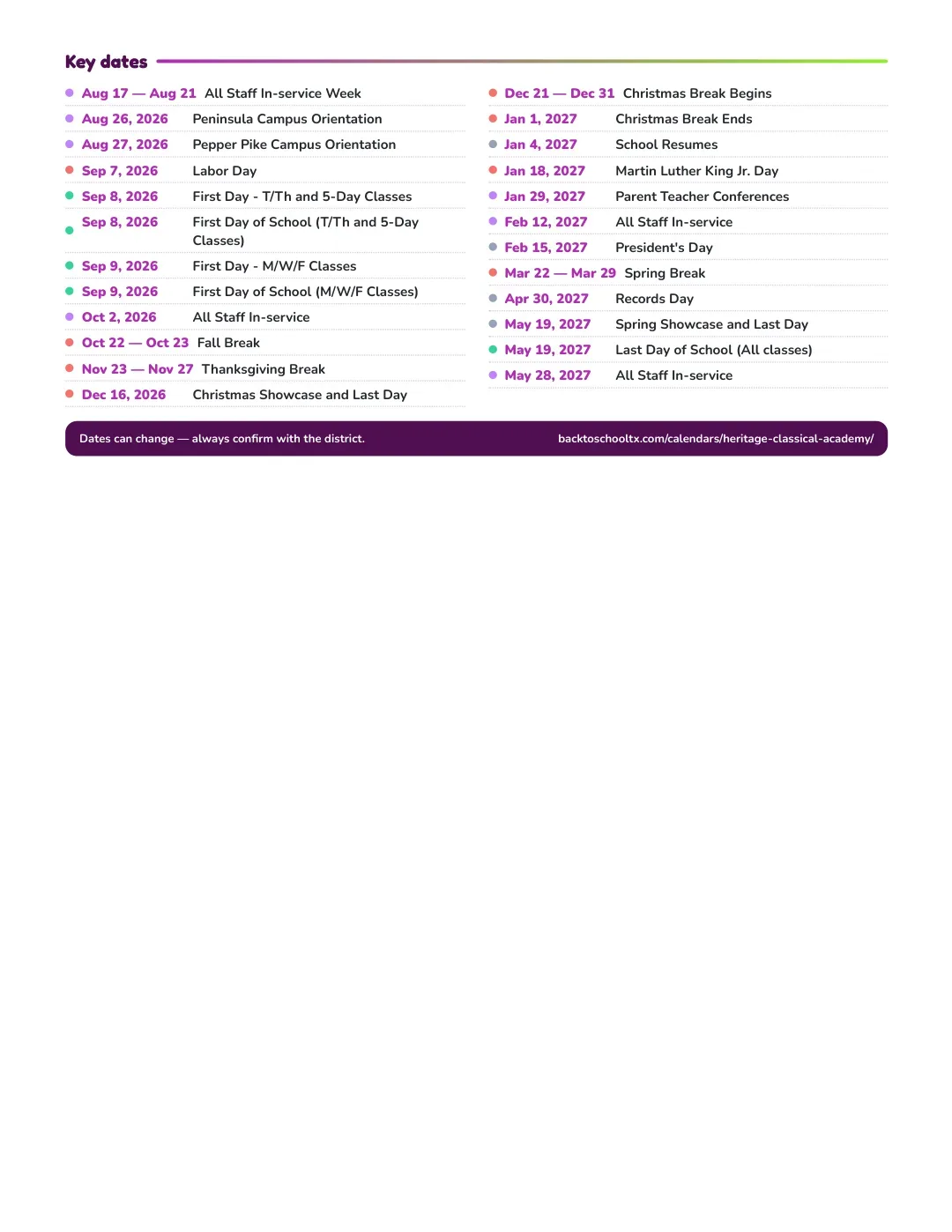 Heritage Classical Academy Calendar for the Year 26-27 — key dates